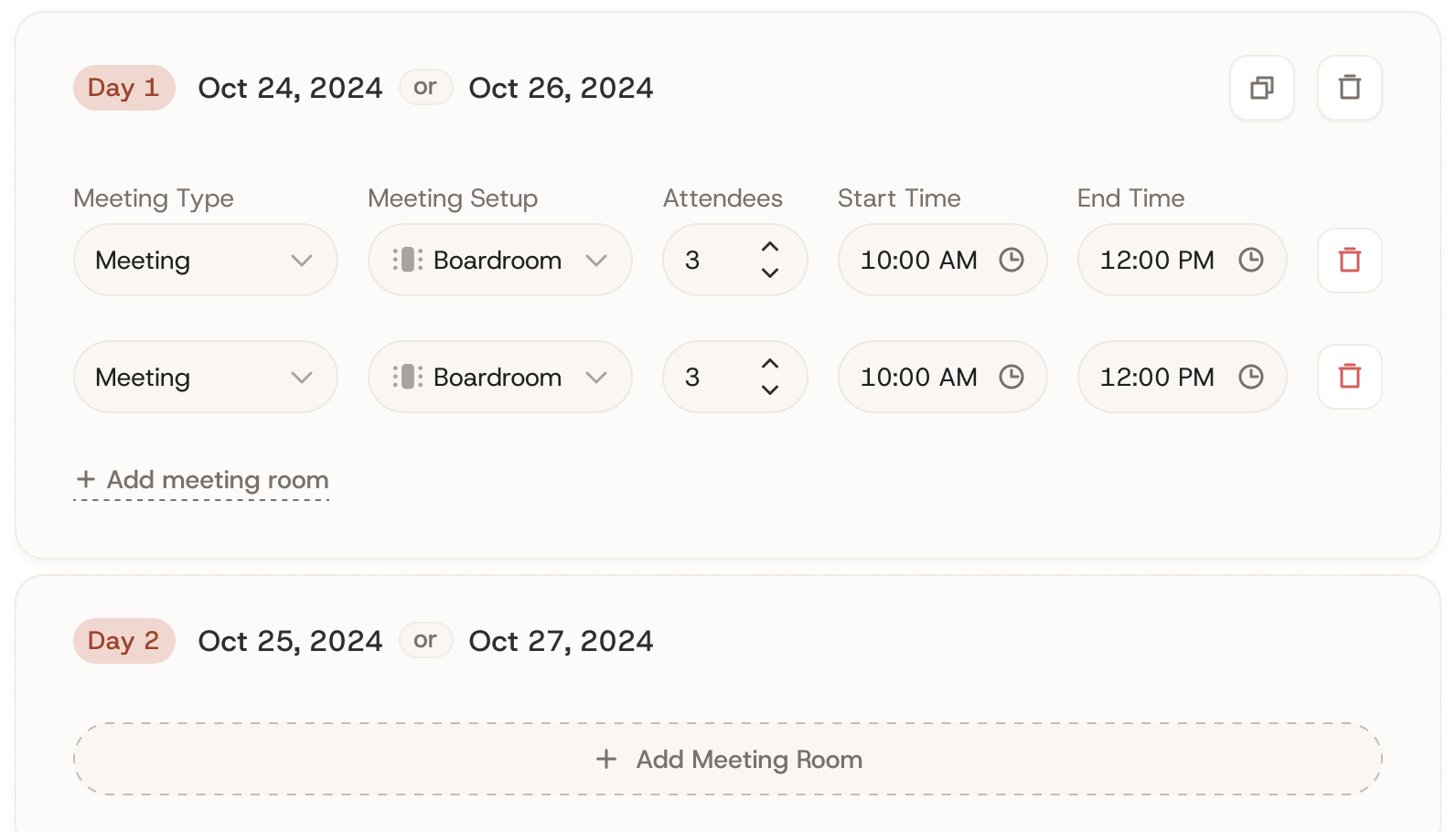 RFP form showing Day 1 and Day 2 meeting room cards