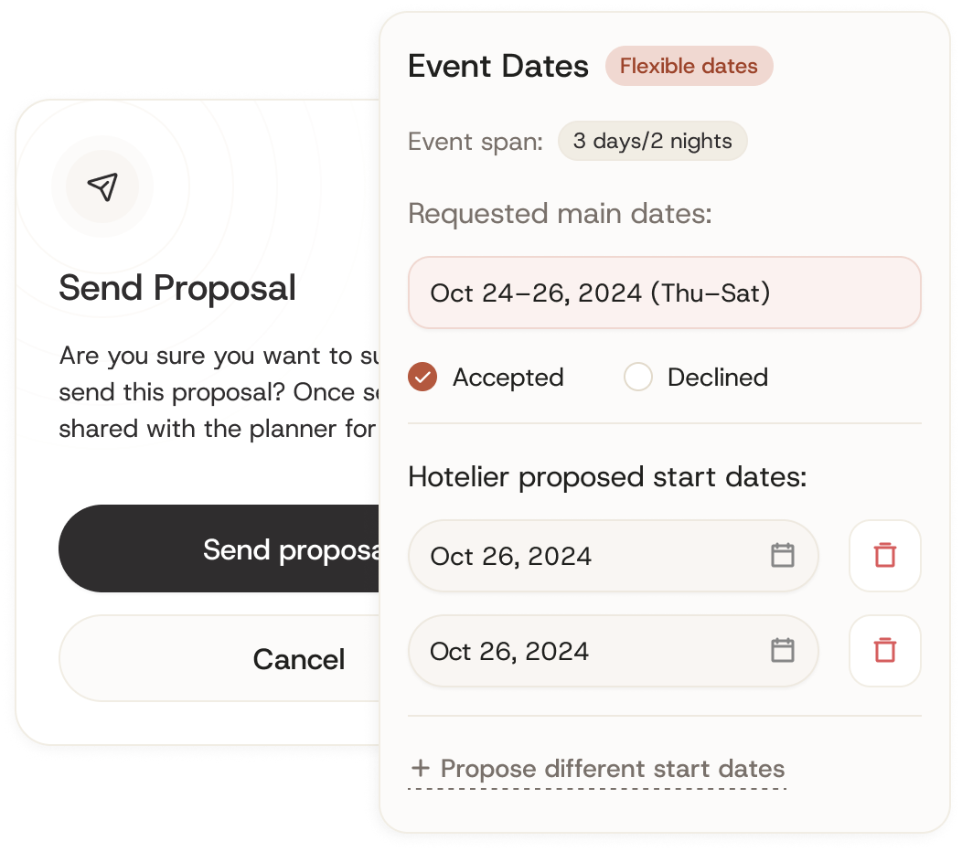 Send Proposal example showing event dates, acceptance status, and hotelier proposed start dates