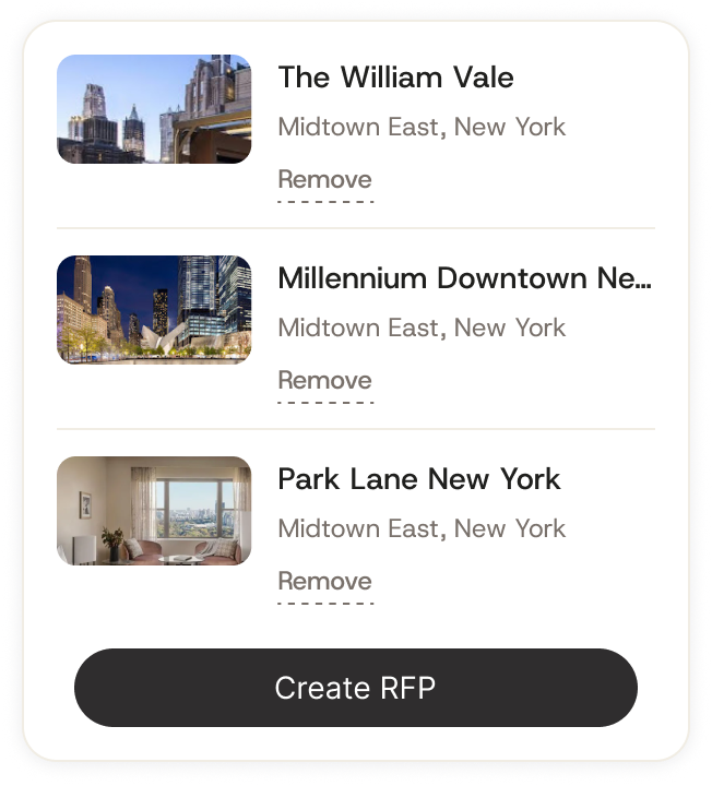 Venue listing showing The William Vale, Millennium Downtown, and Park Lane New York with Create RFP button